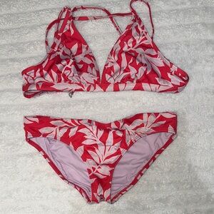 Red and White Leaf Print Bikini Set